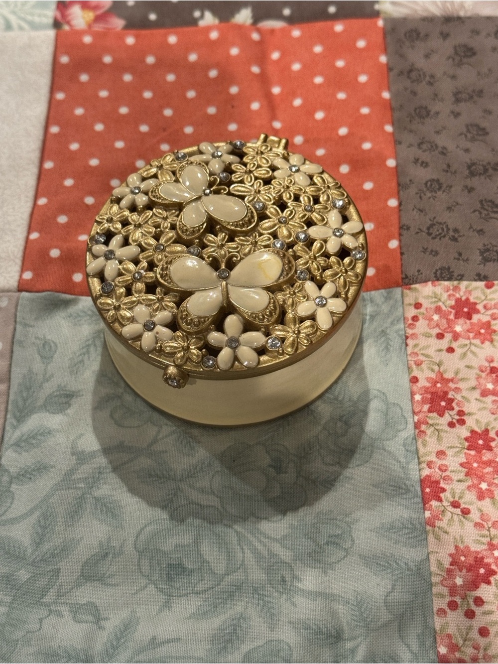 Decorative Butterfly Floral Trinket Box - Cream and Gold